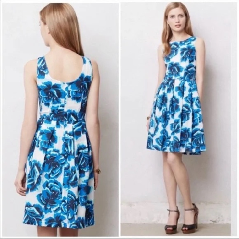 Sz 6 Porridge by Anthropologie blue teal floral fit flare dress pockets lined